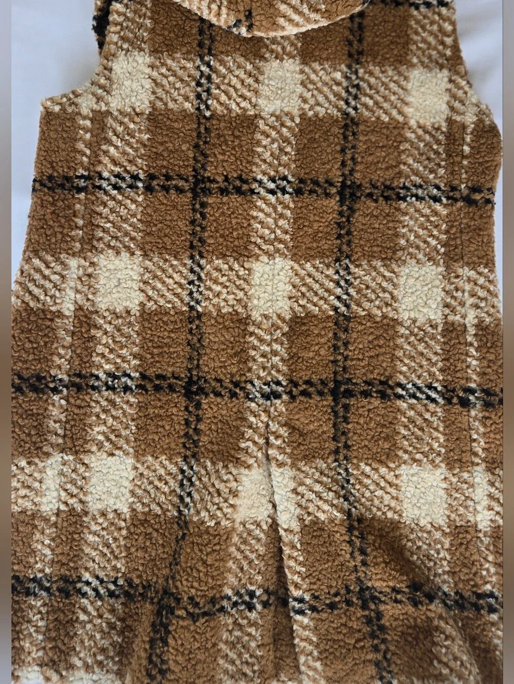 Cinzia Rocca ICONS Women's Warm Long Plaid Sherpa Sleeveless Coat -Camel & Cream